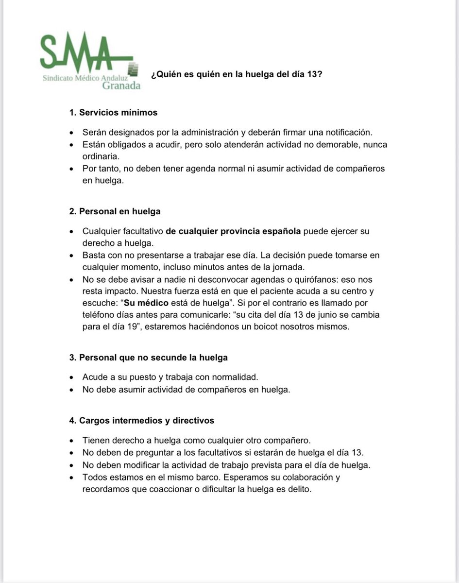 María José G Mateos (@mariajocesm) on Twitter photo ¿Vas a hacer huelga el 13J?
✅ Qué hacer si estás en servicios mínimos
⛔ Qué no hacer para no debilitar la huelga
👇Guía elaborada por <a href="/medicosgranada/">SMA-Granada</a> ¿Vas a hacer huelga el 13J?
✅ Qué hacer si estás en servicios mínimos
⛔ Qué no hacer para no debilitar la huelga
👇Guía elaborada por <a href="/medicosgranada/">SMA-Granada</a>