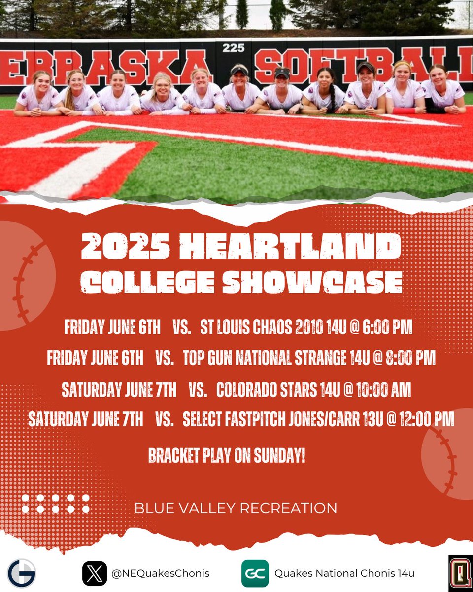 NEQuakesChonis's tweet photo. Back at it again this weekend at the 2025 Heartland College Showcase by Top Gun Events!! Follow along with game recaps here on X or watch live on our GameChanger!! Let’s go Quakes‼️‼️ https://t.co/yjoD3xlc7d