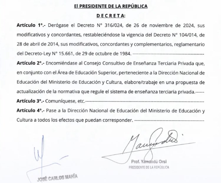 Martin Duarte (@duarteok) on Twitter photo 🔴 UNIVERSIDADES PRIVADAS - <a href="/OrsiYamandu/">Yamandú Orsi</a> derogó decreto de <a href="/LuisLacallePou/">Luis Lacalle Pou</a> que regulaba y autorizaba a 4 universidades privadas y a la ACJ. El anterior decreto de Pablo Da Silveira se firmó en noviembre de 2024 <a href="/MVDNoticias/">MVD Noticias</a> 🔴 UNIVERSIDADES PRIVADAS - <a href="/OrsiYamandu/">Yamandú Orsi</a> derogó decreto de <a href="/LuisLacallePou/">Luis Lacalle Pou</a> que regulaba y autorizaba a 4 universidades privadas y a la ACJ. El anterior decreto de Pablo Da Silveira se firmó en noviembre de 2024 <a href="/MVDNoticias/">MVD Noticias</a>