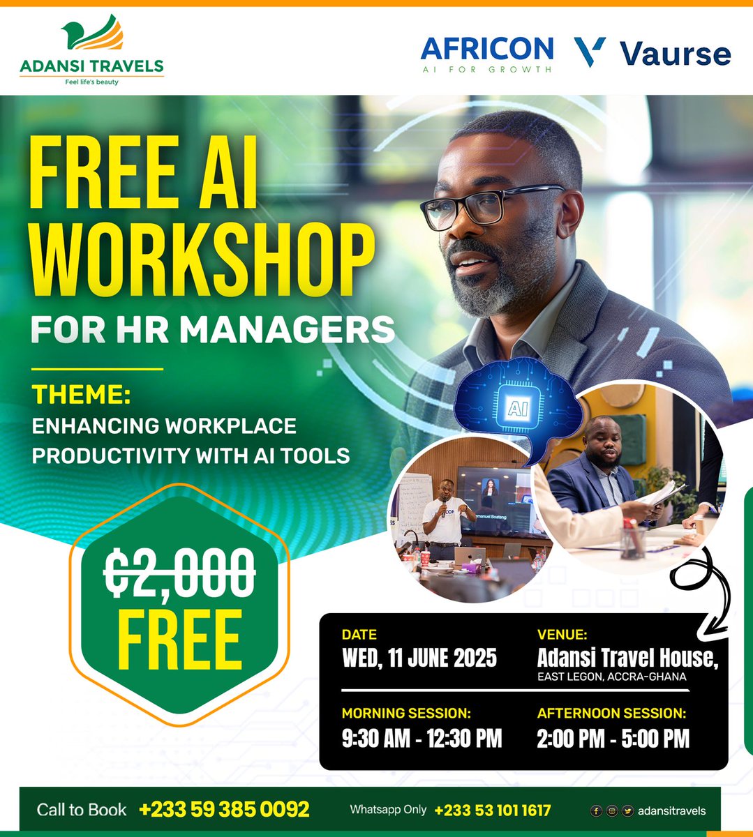 Adansi Travels Limited (@adansitravels) on Twitter photo HR pros: Master AI for hiring & engagement without losing the human touch at this FREE workshop!
<a href="/AfriconAi/">Africon AI</a> <a href="/vaurse1/">vaurse</a> <a href="/adansitravels/">Adansi Travels Limited</a>
📍 Adansi Travel House Okponglo
🚀 Limited seats!
📞 059 385 0092
#AdansiTravels #SeeMoreFeelMore #Travel #AI #HR #HumanResource HR pros: Master AI for hiring & engagement without losing the human touch at this FREE workshop!
<a href="/AfriconAi/">Africon AI</a> <a href="/vaurse1/">vaurse</a> <a href="/adansitravels/">Adansi Travels Limited</a>
📍 Adansi Travel House Okponglo
🚀 Limited seats!
📞 059 385 0092
#AdansiTravels #SeeMoreFeelMore #Travel #AI #HR #HumanResource