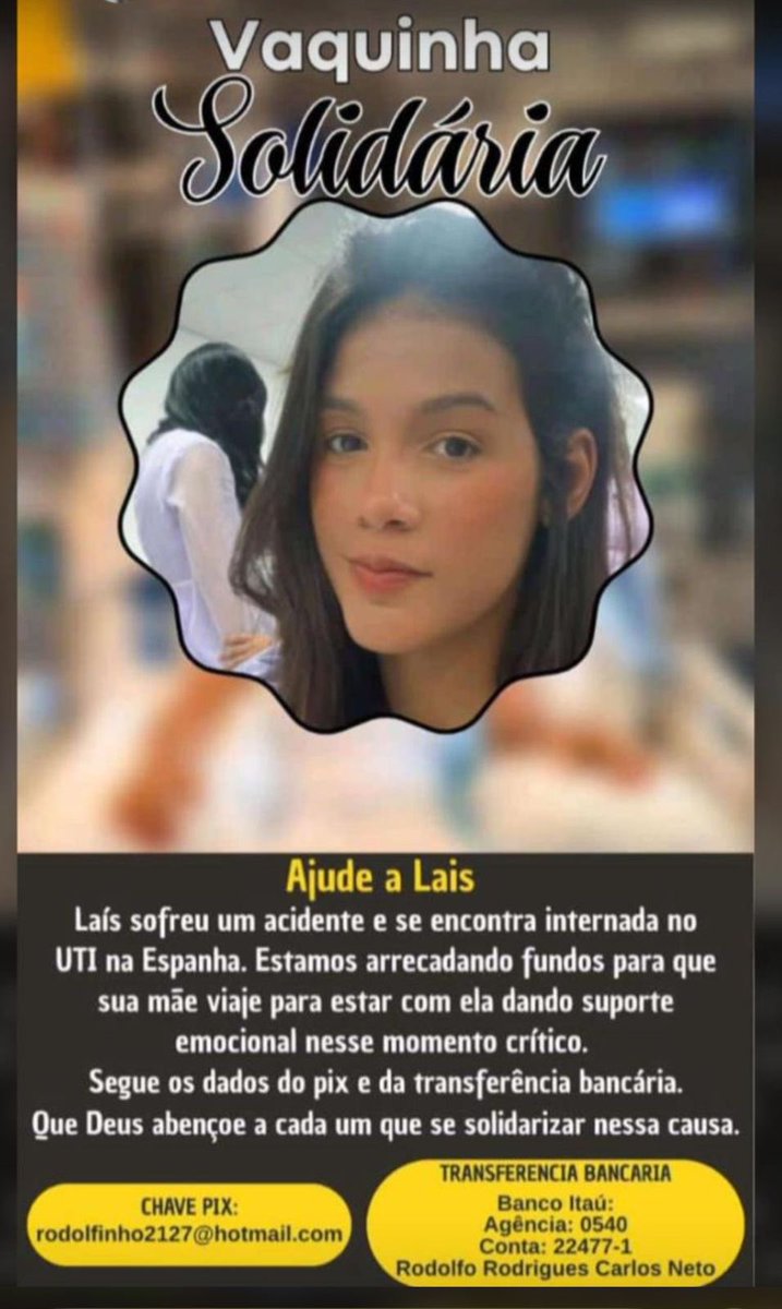 Galera, minha prima sofreu acidente lá na Espanha e estamos fazendo uma vaquinha para ajudar a mãe dela ir pra lá, o caso dela está bem delicado e queremos deixar a mãe dela mais próxima, quem puder ajudar o pix está na foto, se não puder ajude a gente em oração por favor !!! 😭