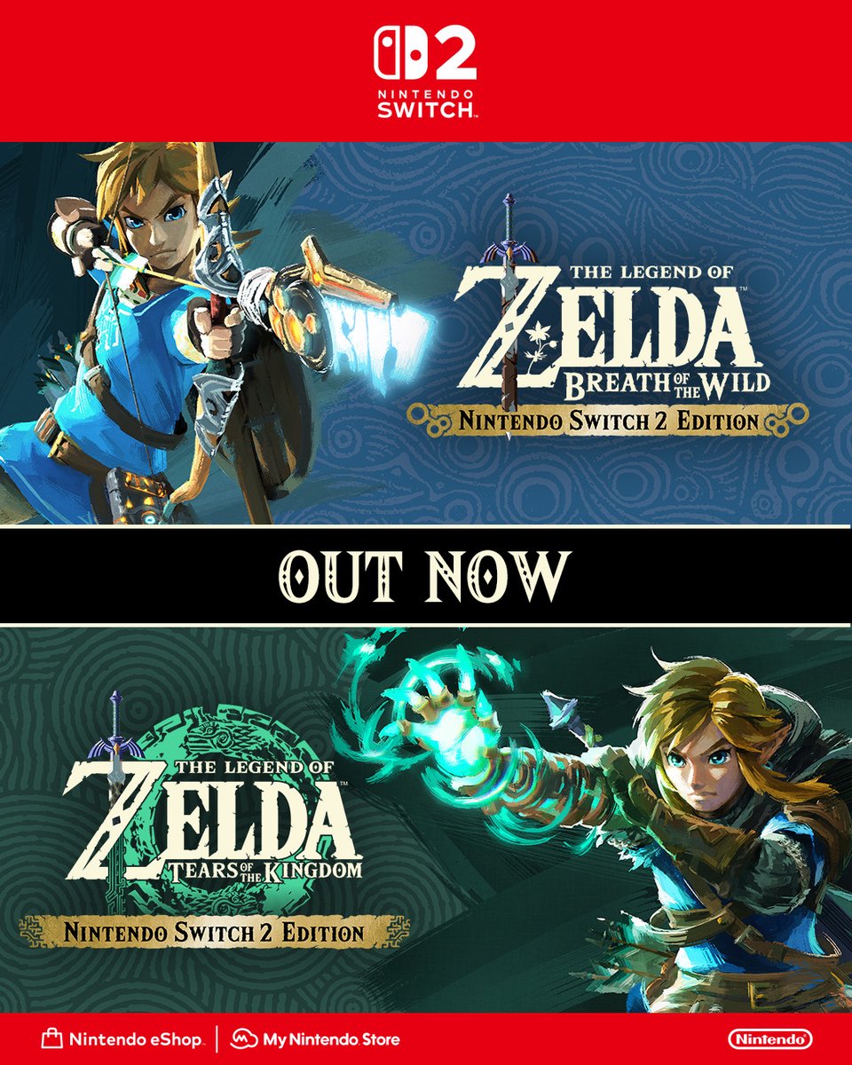 NintendoUK's tweet photo. Two epic adventures, enhanced for #NintendoSwitch2! 

The Nintendo Switch 2 Editions of The Legend of #Zelda: #BreathOfTheWild and The Legend of Zelda: #TearsOfTheKingdom are out now. https://t.co/yqkE6w4gLA