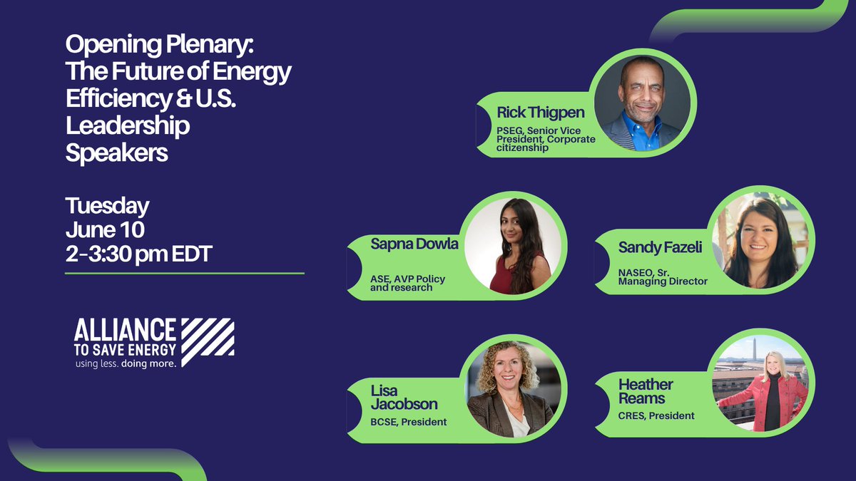 Join the Alliance To Save Energy’s 2025 Virtual Summer Policy Series! 
Kicking off June 10 with a powerful plenary on The Future of Energy Efficiency &amp; U.S. Leadership. 📷us06web.zoom.us/meeting/regist…… #EnergyEfficiency