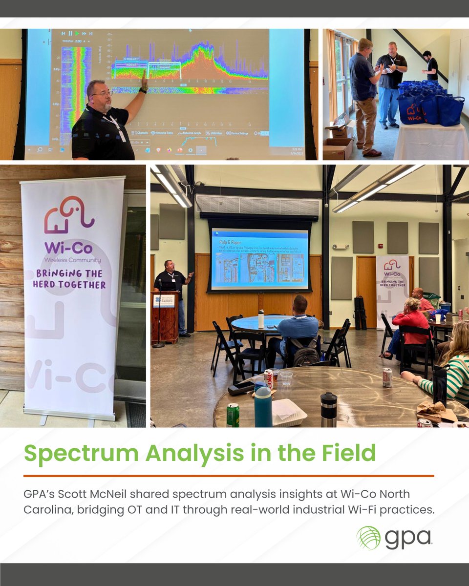 At the recent Wi-Co North Carolina event on May 15, 2025, at the Botanical Gardens in Chapel Hill, GPA's Industrial Network and Security Architect II Scott McNeil gave an engaging presentation titled “Fun with Spectrum Analysis!”