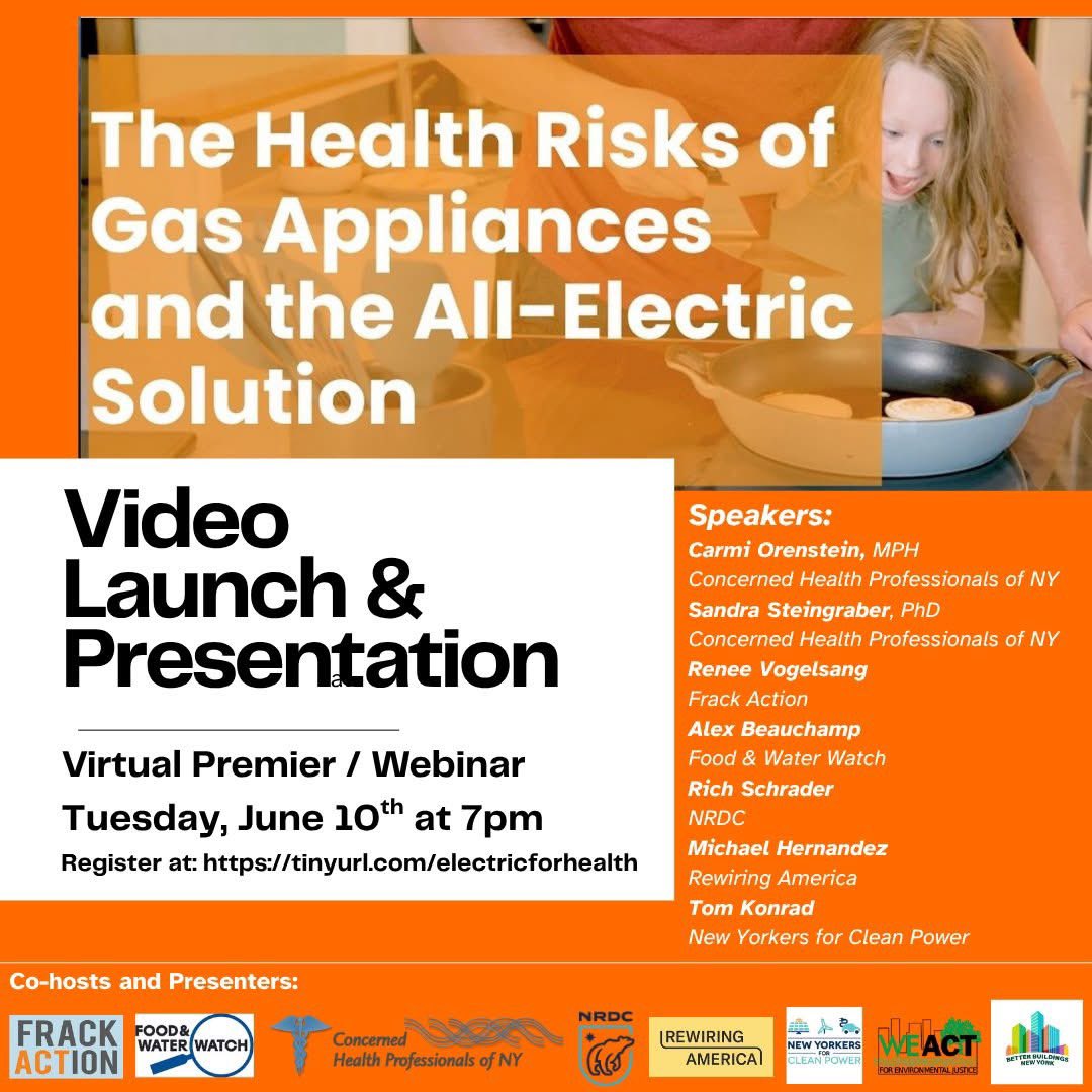 FrackAction's tweet image. Join us on Tuesday, June 10th at 7pm for a webinar and video premier on the public health case for the transition from gas appliances to cleaner and healthier all-electric ones.
Register here! tinyurl.com/electricforhea…