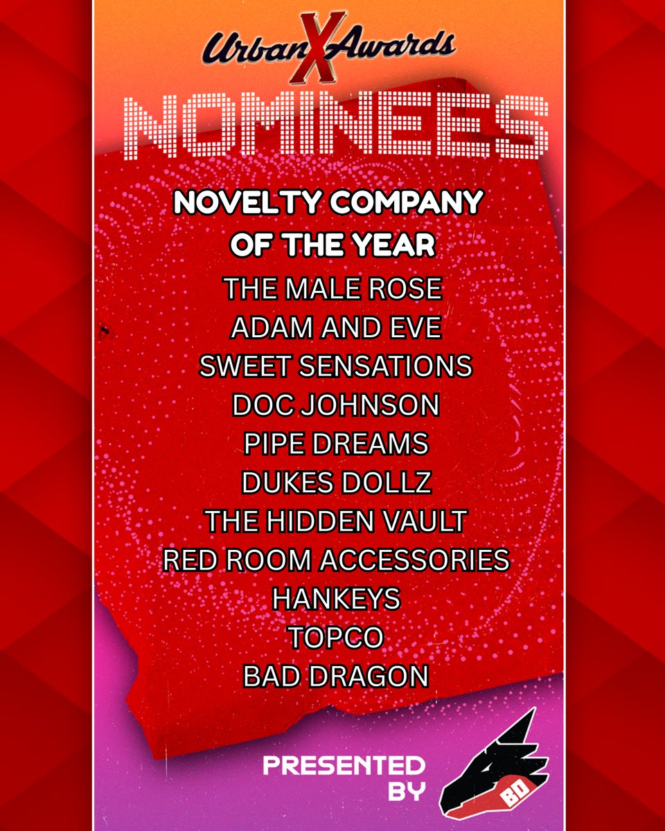 the Urban X Awards proudly announces the nominees for Novelty Company of the Year <a href="/bad_dragon/">Bad Dragon</a> <a href="/hankeystoys/">Hankey's Toys</a> <a href="/TheOriginalDoc/">Doc Johnson</a> <a href="/shoptopco/">Topco Sales</a> <a href="/Dukehca/">Dukes Dollz</a>  <a href="/themalerose/">The Male Rose</a> <a href="/RedRoomAcc/">Red Room Accessories</a> <a href="/AdamEvePlus/">AdamEvePlus</a> <a href="/PinkCherryToys/">PinkCherry</a>