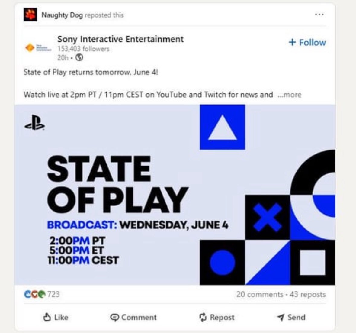 قام استوديو Naughty Dog بإعادة نشر اعلان Sony لحدث State of Play القادم على LinkedIn 

من الممكن ان نحصل على عرض يخص لعبة استوديو Naughty Dog القادمة Intergalactic غداً