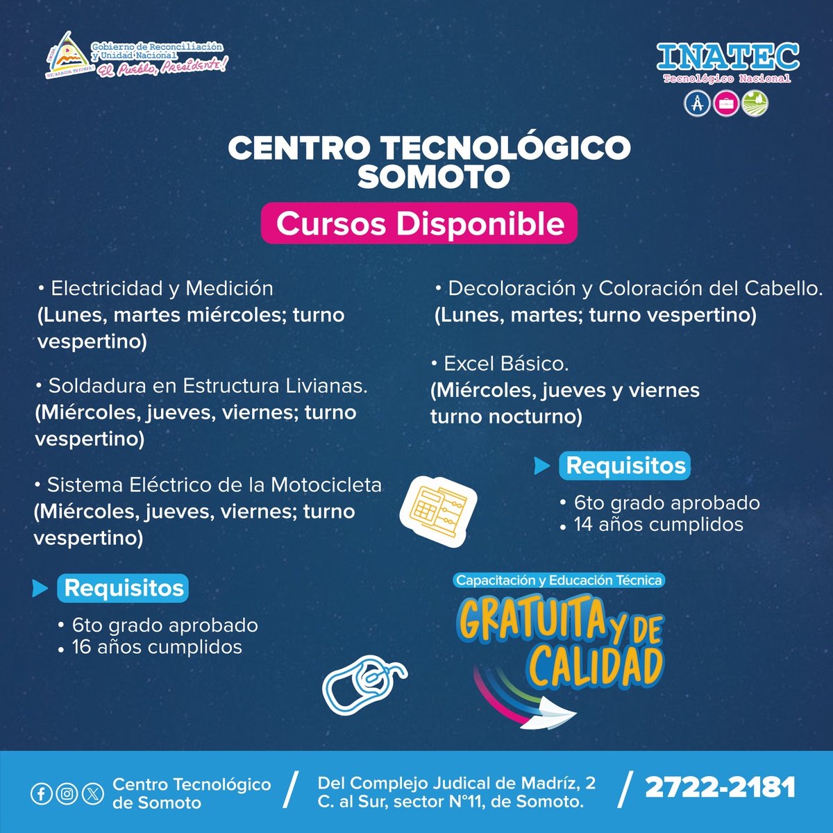 ¡𝗖𝘂𝗿𝘀𝗼𝘀 𝗗𝗶𝘀𝗽𝗼𝗻𝗶𝗯𝗹𝗲𝘀! 📍 Te presentamos los cursos que tenemos disponibles en nuestro Centro Tecnológico, para tu capacitación técnica. #SoyTecNicaragua 📝✍🏻