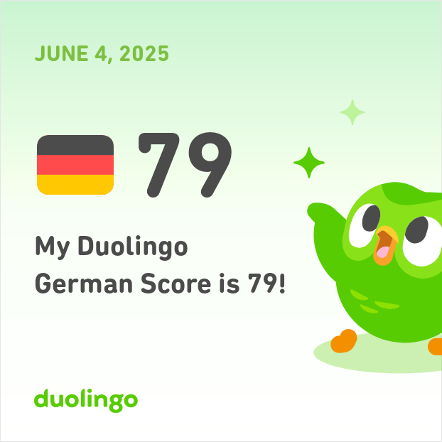 SebJames55's tweet photo. My Duolingo German Score is 79!
Just one step remaining in @duolingo German #duolingo #duolingogerman #consistency #streak #practicegerman https://t.co/hpZlDwSv9S