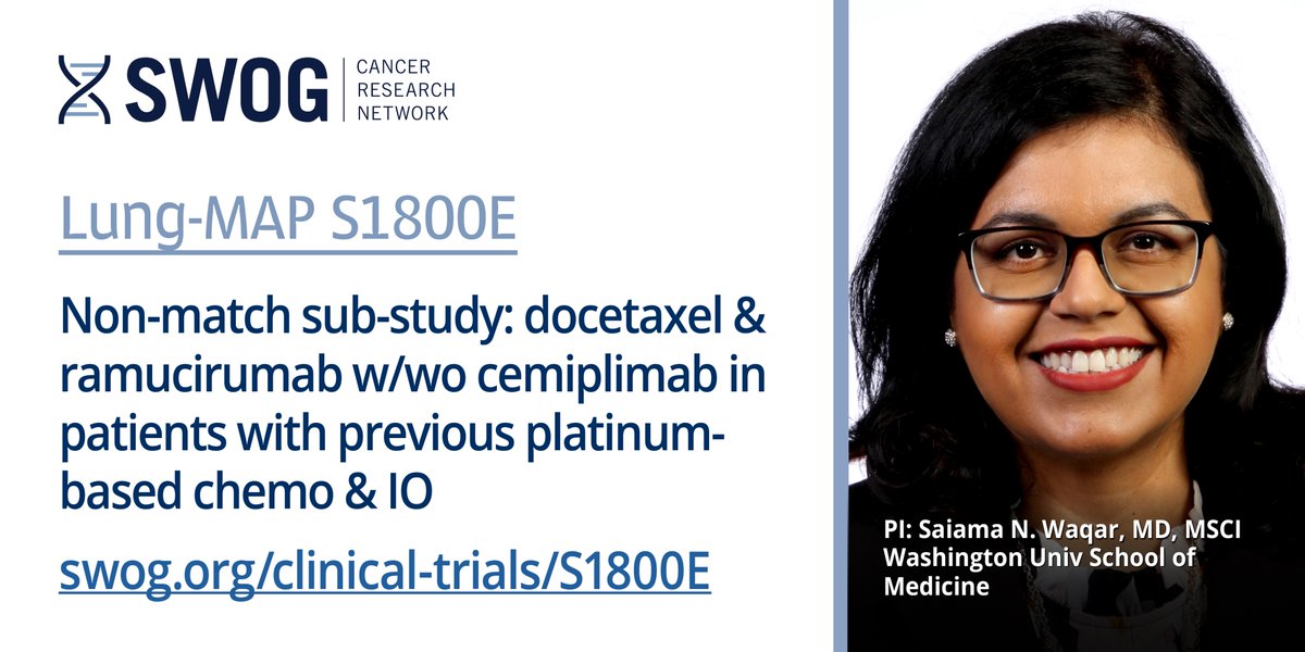 SWOG Cancer Research Network (@swog) on Twitter photo S1800E is a <a href="/LungMAP/">Lung-MAP</a> non-match sub-study. Randomized ph 2/3: docetaxel & ramucirumab w or w/o cemiplimab in patients w previous platinum-based chemo & IO for stage IV or recurrent NSCLC.
PI: Saima Waqar, MD, MSCI <a href="/WashUOncology/">WashU Medicine Division of Oncology</a> <a href="/SitemanCenter/">Siteman Cancer Center</a> S1800E is a <a href="/LungMAP/">Lung-MAP</a> non-match sub-study. Randomized ph 2/3: docetaxel & ramucirumab w or w/o cemiplimab in patients w previous platinum-based chemo & IO for stage IV or recurrent NSCLC.
PI: Saima Waqar, MD, MSCI <a href="/WashUOncology/">WashU Medicine Division of Oncology</a> <a href="/SitemanCenter/">Siteman Cancer Center</a>