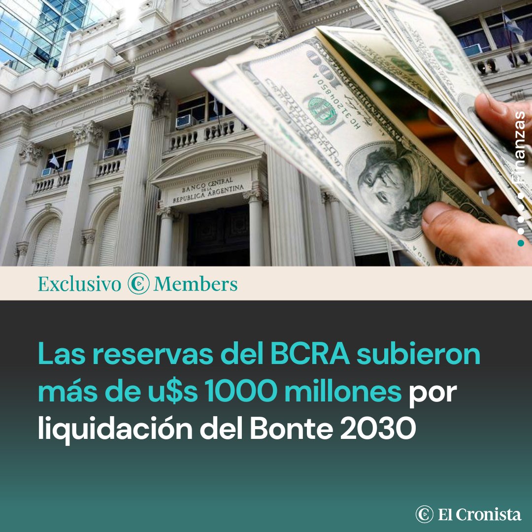 Las reservas del Banco Central (BCRA) aumentaron este miércoles más de u$s 1000 millones tras la liquidación del nuevo título de deuda con el que el ministro Luis Caputo consiguió ese monto en dólares de inversores extranjeros que se suscribieron al Bonte 2030. 

Conocé más.