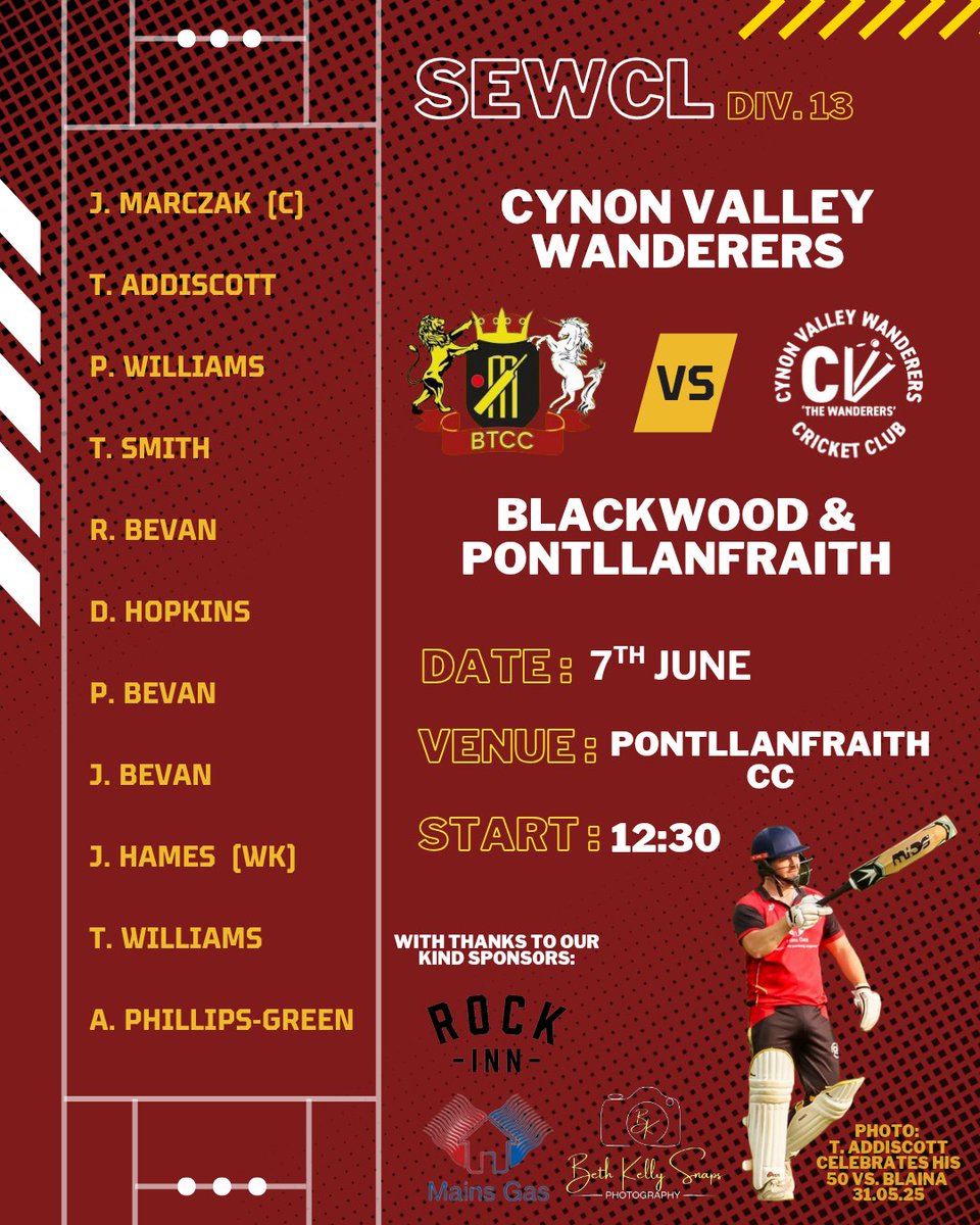 Cynon Valley Wanderers CC (@cvwandererscc) on Twitter photo Our team to face <a href="/BlackwoodCC/">Blackwood Town CC π</a> on Saturday.
Let's turn these last 2 results around. If you're free, come on down and cheer the lads on Our team to face <a href="/BlackwoodCC/">Blackwood Town CC π</a> on Saturday.
Let's turn these last 2 results around. If you're free, come on down and cheer the lads on