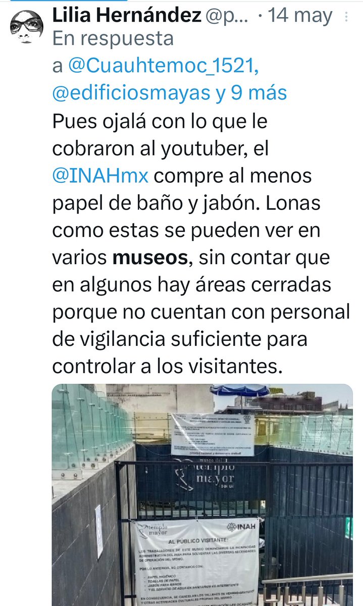 <a href="/Cuauhtemoc_1521/">Tlatoani_Cuauhtemoc</a> <a href="/SarahiUribeG/">Sarahi Uribe</a> <a href="/SergioSarmiento/">Sergio Sarmiento</a> <a href="/monicagarzag/">Monica Garza</a> <a href="/benignopf/">Benigno Piñera</a> <a href="/RomaNorte3/">Roma Norte</a> <a href="/LaRomaDF/">Colonia Roma 🚲</a> <a href="/HectorRodrigoMx/">Héctor Rodrigo Ortiz</a> <a href="/hzamarron/">Héctor Zamarrón 🚲</a> <a href="/LuisCardenasMx/">LuisCardenasMX</a> Esto viene de antes, tiene más que ver con la falta de presupuesto, lo comenté aquí hace unos días. <a href="/dprieto_/">Diego Prieto</a> está más ocupado en la demagogia de pedir nos regresen un penacho. Dinero hay, no olvidemos que acaban de gastar 7 mil millones en una farsa (más acordeones y acarreos).