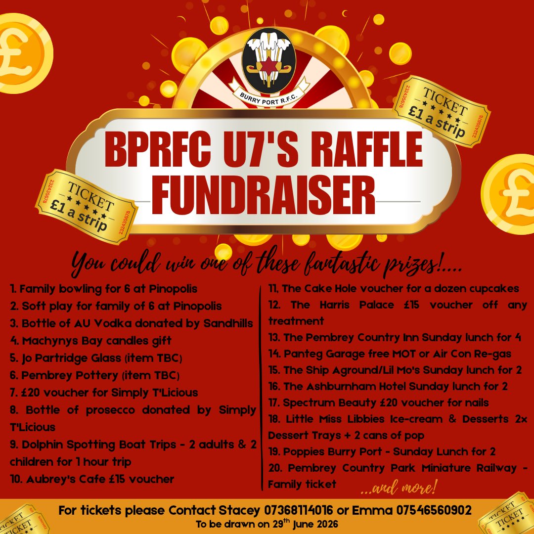🎉 Under 7s Raffle! 🎉

U7s are holding a fabulous raffle to help raise funds for their amazing little team … and just look at the incredible prizes up for grabs! 🧸🎁🍫

💥 Tickets are just £1 a strip 

🙏 A huge thank you to all the generous individuals and local businesses!