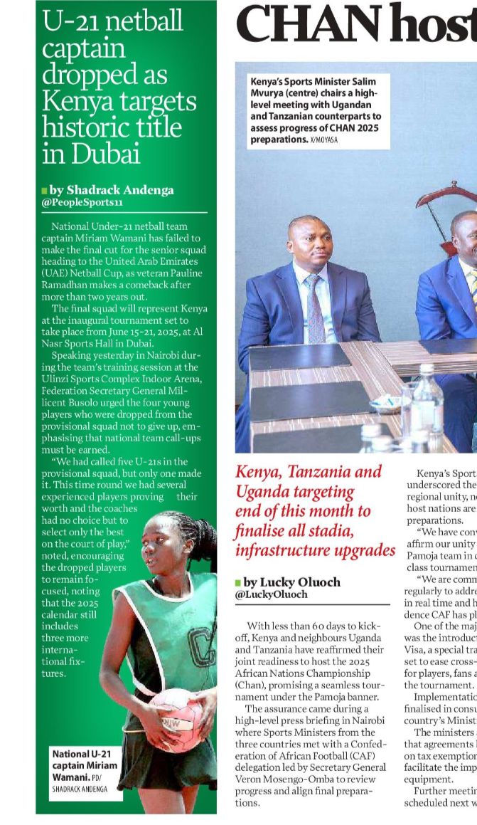 National U-21 prodigy Miriam Wamani fails to make the cut of the women's national netball team bound for the inaugural UAE Cup in Dubai. 

Amazingly, veteran defender Pauline Ramadhan is back after a three year hiatus, ready to give it all