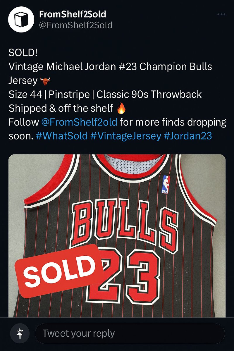 SOLD!
Vintage Michael Jordan #23 Champion Bulls Jersey 🐂
Size 44 | Pinstripe | Classic 90s Throwback
Shipped &amp; off the shelf 🔥
Follow @FromShelf2Sold for more finds dropping soon.
📦 #WhatSold #Shelf2Sold #eBaySeller #dealsoftheday