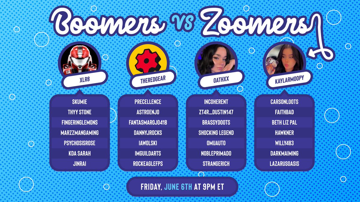 🔥 JUNE BOOMER ZOOMER TEAMS 🔥

Tune in, and you might even see a sneak peek of Grifball 👀