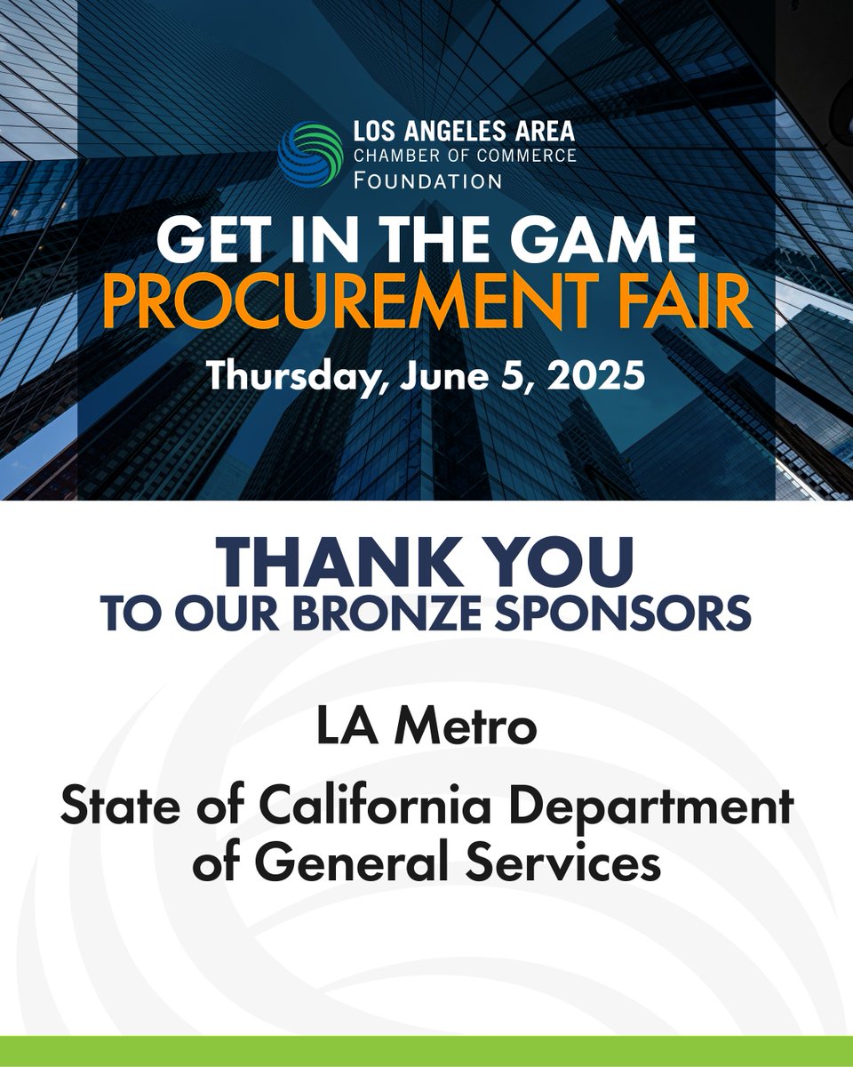 L.A. Area Chamber (@laareachamber) on Twitter photo Thank you to our Bronze Sponsors for supporting the Get in the Game Procurement Fair!
<a href="/metrolosangeles/">Metro Los Angeles</a>
<a href="/CalifDGS/">California DGS</a> Thank you to our Bronze Sponsors for supporting the Get in the Game Procurement Fair!
<a href="/metrolosangeles/">Metro Los Angeles</a>
<a href="/CalifDGS/">California DGS</a>