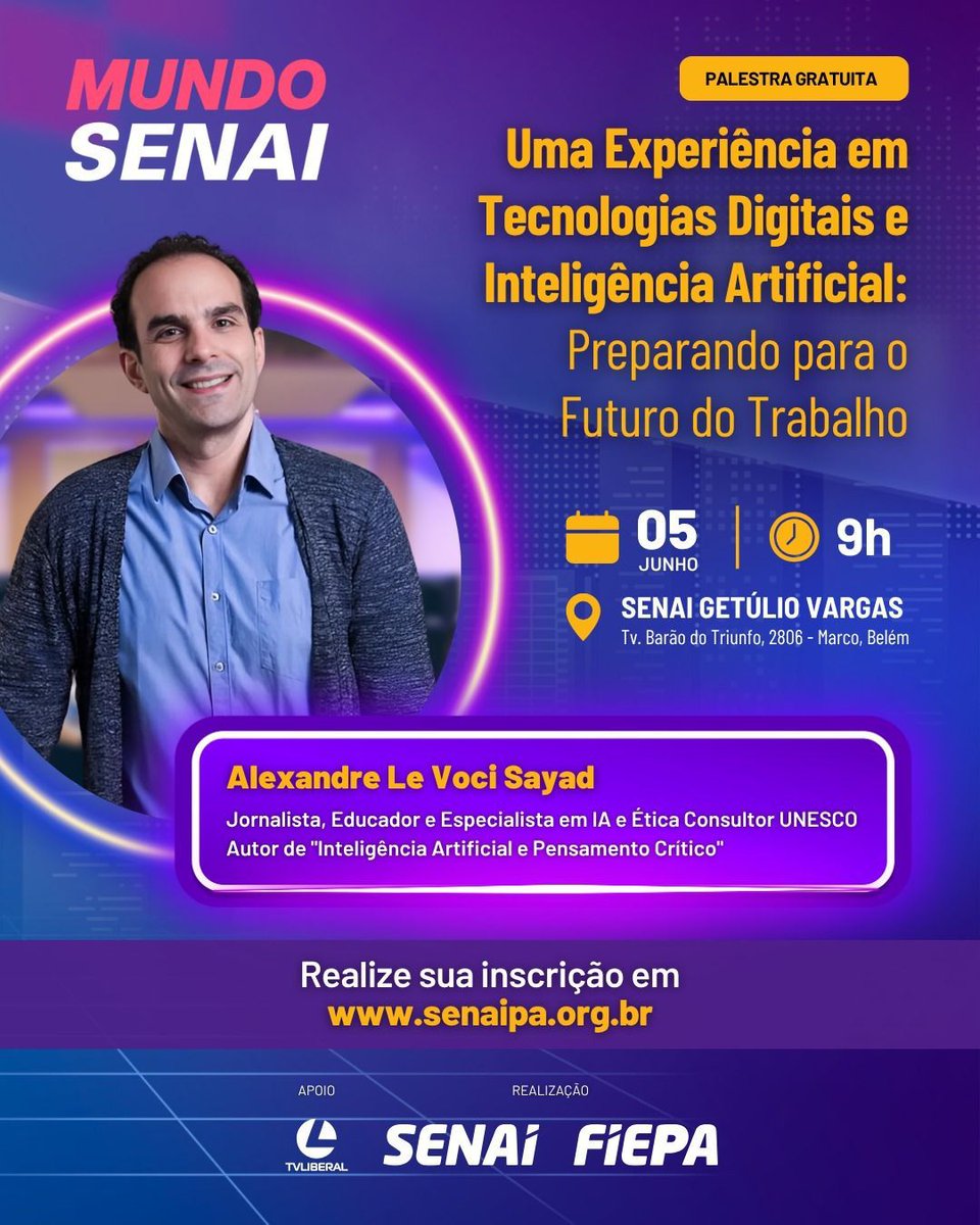 Embarcando para Belém (PA), com muita alegria, para falar sobre educação, trabalho e inteligência artificial para os parceiros do SENAI - PA Um evento de aquecimento para a COP-30.

Adoro trabalhar com esse grupo do SENAI e satisfeito em encontrá-los pessoalmente.

#IA
