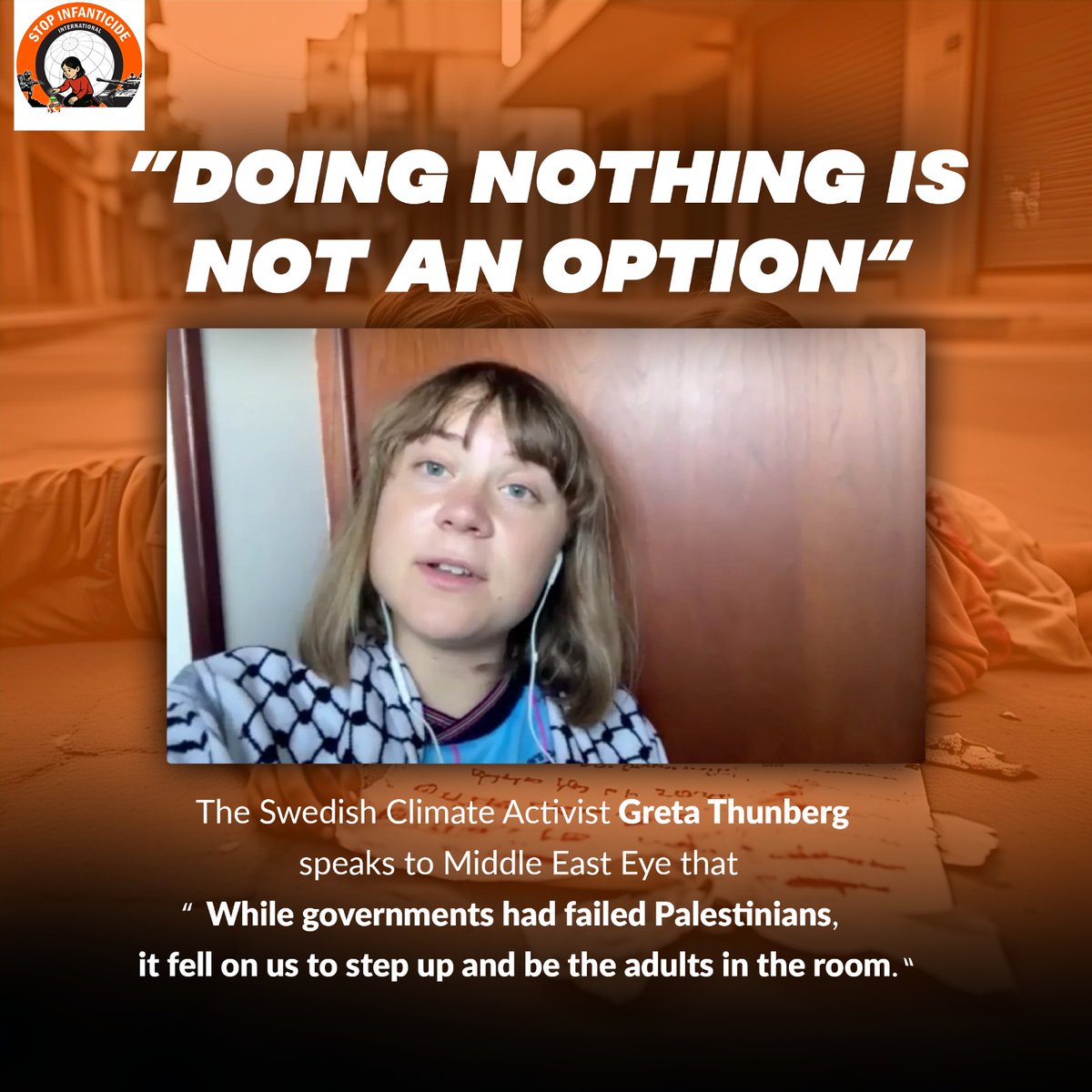 stop_infanticid's tweet photo. "Doing nothing is not an option."
— Greta Thunberg to Middle East Eye
Greta’s message cuts through the silence:
✊ While world leaders abandon Palestinians,
✊ While children starve under blockade,
✊ While bombs fall on hospitals and schools...

IT FALLS ON US TO STEP UP.
We are the voices for Gaza’s:
☠️ 14,000 children facing death by starvation
☠️ 71,000 more at risk of acute malnutrition
☠️ Generations being erased by "infanticide dressed as war"
Silence = Complicity. Inaction = Betrayal.
➡️ SHARE to break the world’s apathy
➡️ TAG leaders who look away
➡️ SUPPORT aid convoys NOW
"If not us, who? If not now, when?"
#GazaCantWait #BeTheAdult #BreakTheSiege