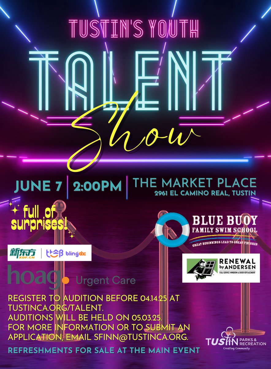 Hold onto your seats! Our talented young stars are poised to dazzle us at the Tustin Youth Talent Show! 🌟 Join the excitement this Saturday, June 7th, at The Market Place (2961 El Camino Real). For more info, visit tustinca.org/1121/Talent-Sh…