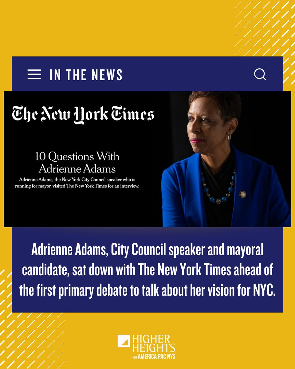 Higher Heights PAC (@higherheightpac) on Twitter photo Ahead of the June 24 primary, leading Democratic mayoral candidates were invited to sit down with <a href="/nytimes/">The New York Times</a> for a series of in-depth interviews. In this second installment, they spotlighted our endorsed candidate, Speaker <a href="/AdrienneEAdams/">Adrienne E. Adams</a>.
From her favorite book to the political Ahead of the June 24 primary, leading Democratic mayoral candidates were invited to sit down with <a href="/nytimes/">The New York Times</a> for a series of in-depth interviews. In this second installment, they spotlighted our endorsed candidate, Speaker <a href="/AdrienneEAdams/">Adrienne E. Adams</a>.
From her favorite book to the political