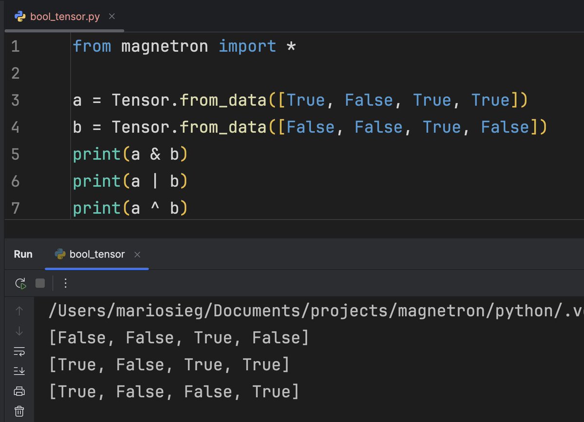 _mario_neo_'s tweet image. To implement a GPT-2 in my custom PyTorch-like ML framework, I added boolean tensors.
Boolean tensors are used for filtering, indexing and as attention and loss masks and much more.
The main logical operators AND, OR, XOR and NOT are now supported.
Another more step towards LLM…