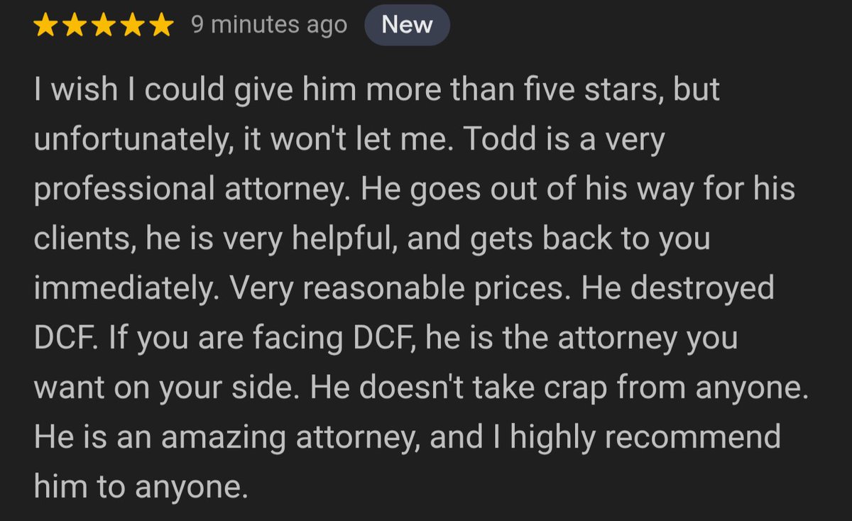 AttorneyToddGee's tweet photo. Another 5-star review from a satisfied client! https://t.co/LYYRtahBb4