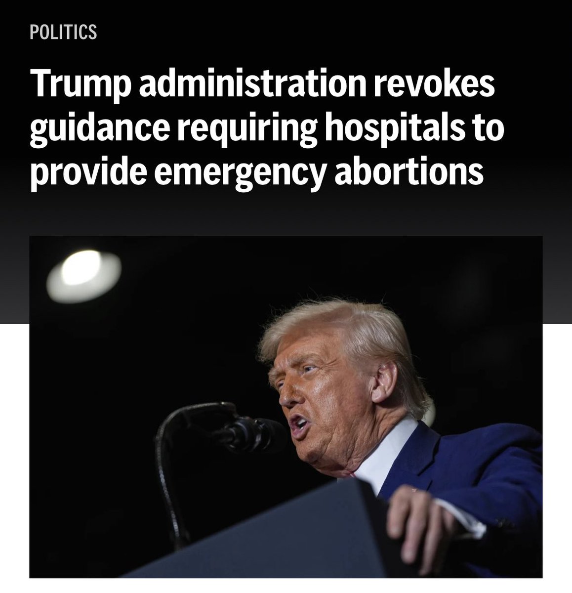 SenDuckworth's tweet photo. You're pregnant and scared.
You're having a medical emergency.
Your health depends on an abortion.

But you may not get one because Trump would rather you be left to die than ensure hospitals perform the live-saving care you need.

Trump's America is a woman's living nightmare. https://t.co/inkdQNBNBA