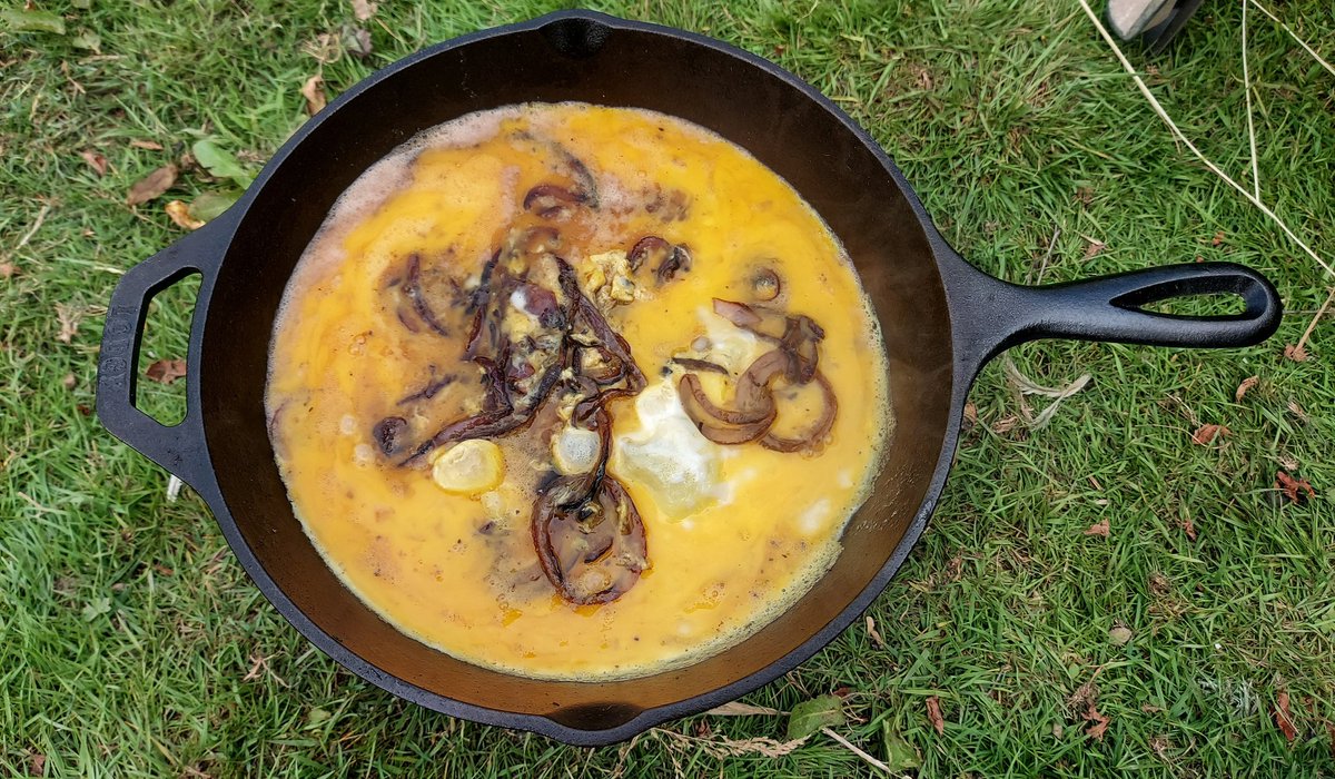 After an indulgent breakfast lunch was a cheese &amp; red onion omelette made a few yards away from the hen house where I collected the eggs (in fact some of the hens came to watch). Cooked in a cast iron skillet on a small butane camping stove 🔥 Dinner will be pea &amp; mint risotto 🫛