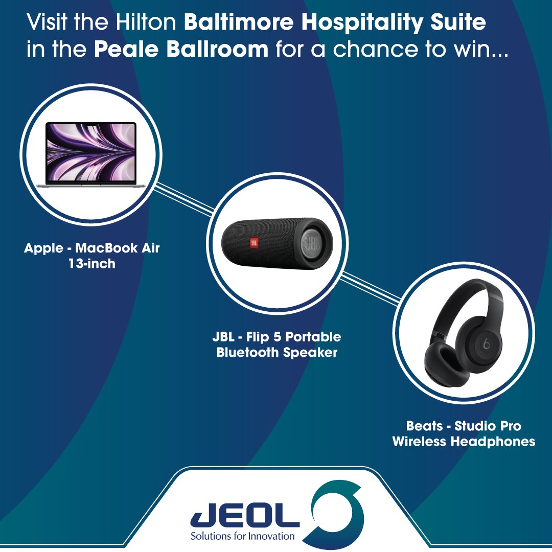 Visit our Hospitality Suite in the Hilton Baltimore Peale Ballroom tonight for your chance to win exciting prizes!

Winners must be present at the time of the drawing to claim their prize—don’t miss out!

#ASMS2025 #JEOLUSA