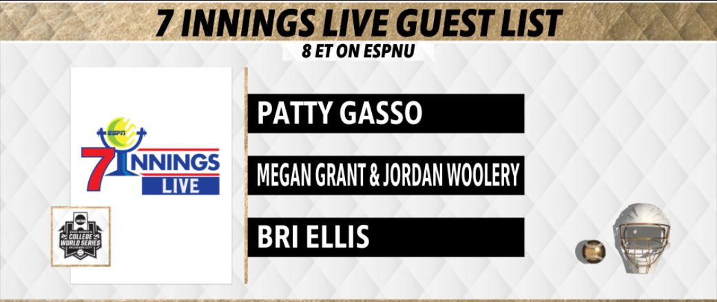Wednesday’s ‘7Innings Live: Championship Finals Special’ guest lineup

🥎 8p ET | ESPNU, ESPN+ 

#WCWS | #NCAASoftball