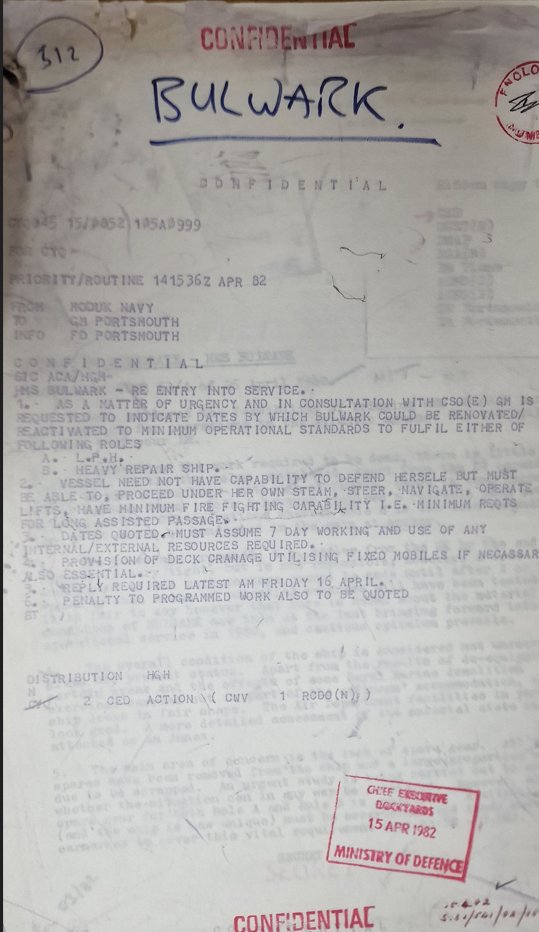 The MOD began surveying BULWARK as early as 14 April 1982, barely 2 weeks after the invasion, for use as either an LPH or repair ship.