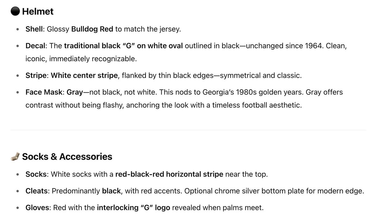 HuntTheJones's tweet photo. I asked ChatGPT to describe in detail to me the ideal @GeorgiaFootball uniform.

The response: "Honoring its history, tradition, and visual impact, a masterclass in balance: blending heritage, swagger, and clean, powerful design."

Then I mocked up. How did it do? #UniformTwitter https://t.co/Z7qaYRzn02