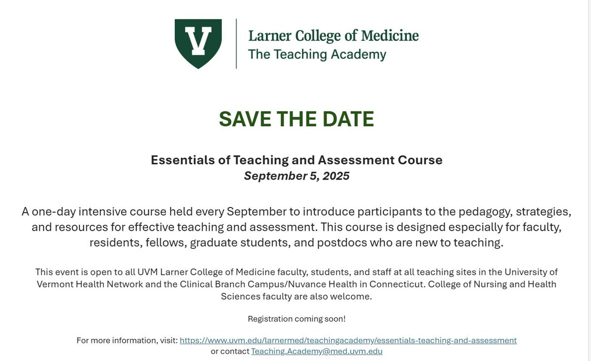 UVM Department of Medicine (@uvmdeptmed) on Twitter photo Please join LCOM The Teaching Academy SAVE THE DATE for Essentials of Teaching and Assessment Course, September 5, 2025!
<a href="/UVMLarnerMed/">UVM Larner Med</a>
<a href="/uvmvermont/">University of Vermont</a>
<a href="/uvmcnhs/">UVM Nursing & Health Sciences</a>
<a href="/UVMMedCenter/">UVM Medical Center</a>
<a href="/UVMcancercenter/">UVM Cancer Center</a>
<a href="/UVM_Libraries/">UVM_Libraries</a>
<a href="/UVMHeartBrain/">UVMHeartBrain</a>
<a href="/uvmPACE/">UVM Professional & Continuing Education</a>
<a href="/UVMHealth/">UVM Health Network</a> Please join LCOM The Teaching Academy SAVE THE DATE for Essentials of Teaching and Assessment Course, September 5, 2025!
<a href="/UVMLarnerMed/">UVM Larner Med</a>
<a href="/uvmvermont/">University of Vermont</a>
<a href="/uvmcnhs/">UVM Nursing & Health Sciences</a>
<a href="/UVMMedCenter/">UVM Medical Center</a>
<a href="/UVMcancercenter/">UVM Cancer Center</a>
<a href="/UVM_Libraries/">UVM_Libraries</a>
<a href="/UVMHeartBrain/">UVMHeartBrain</a>
<a href="/uvmPACE/">UVM Professional & Continuing Education</a>
<a href="/UVMHealth/">UVM Health Network</a>