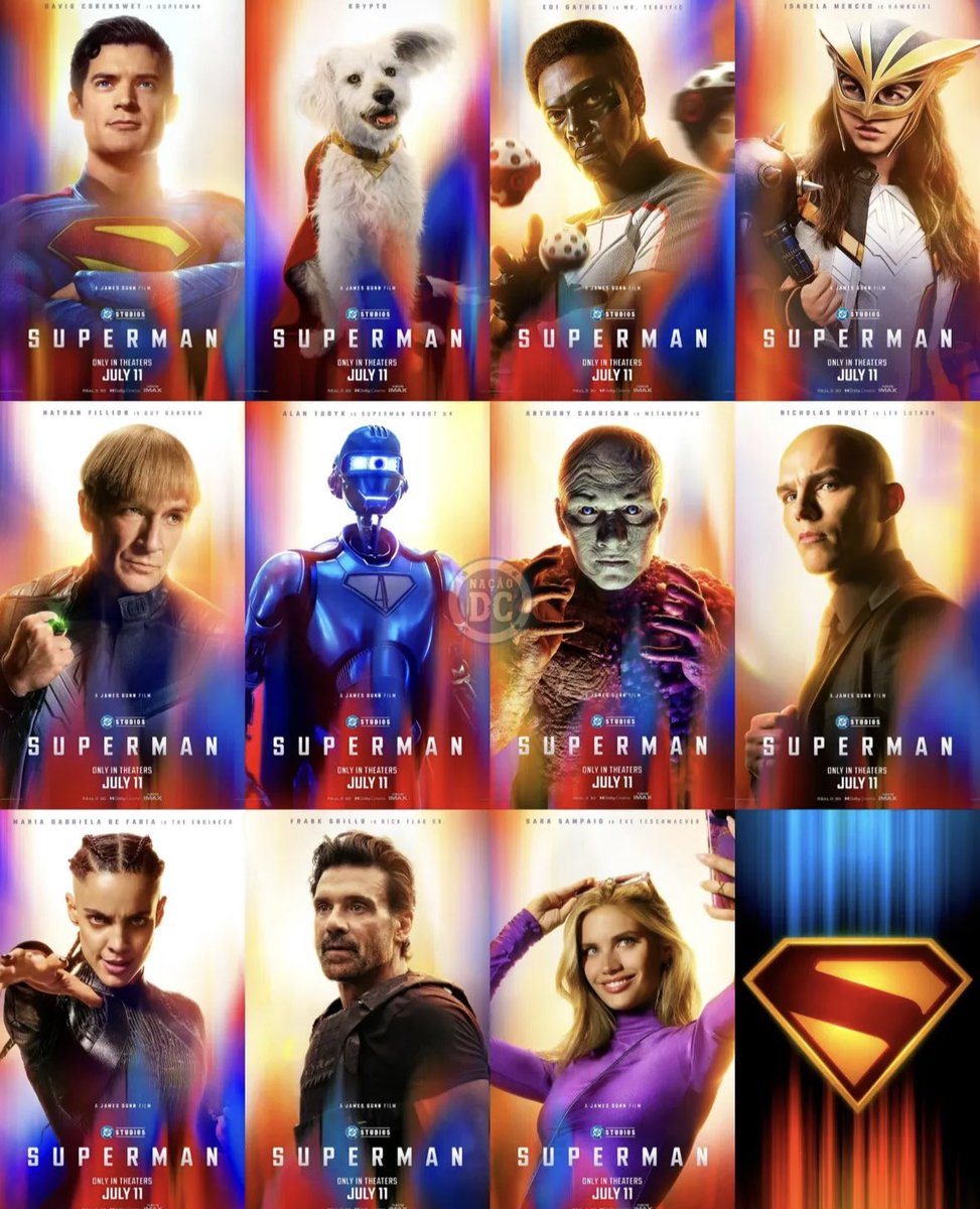 curiosmarveldc's tweet photo. 🚨 TODOS OS PÔSTERES INDIVIDUAIS DIVULGADOS ATÉ O MOMENTO DE SUPERMAN (2025) !! 

#Superman chega aos cinemas brasileiros no dia 10 de julho 

Gostaram dos cartazes ? 

.
.
.

#DCStudios 
#JamesGunn
#Superman2025
#LexLuthor
#Krypto
#GuyGardner
#Hawkgirl
#Metamorfo
#MrTerrific https://t.co/Zgh7j9eDhn
