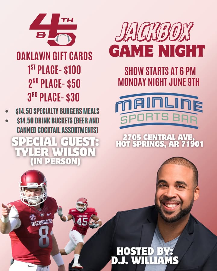 Join us every Monday from 6PM - 8PM for the 4th &amp; 5 Podcast LIVE, for all things Arkansas Razorback Football 🐗🎙
📍 Special Guest Tyler Wilson will join the show in person this Monday, June 9 🏈 

🍔🍻Enjoy food and drink Specials and Jackbox Games during the show 🎮 🎯

JackBox