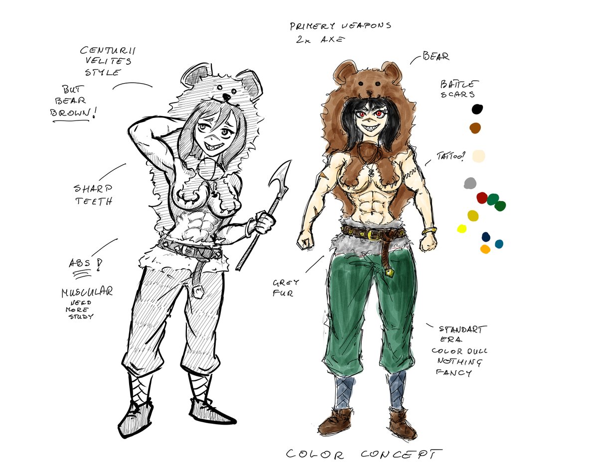 ARThunter_art's tweet image. A few sketches and concepts for a new character. I know it's not 100% historically accurate, but... every Viking Hird needs at least one berserker.
Also the fur/bear head is somewhat inspired by @Centuri Velites, but I just can't make a berserker without fur, right?