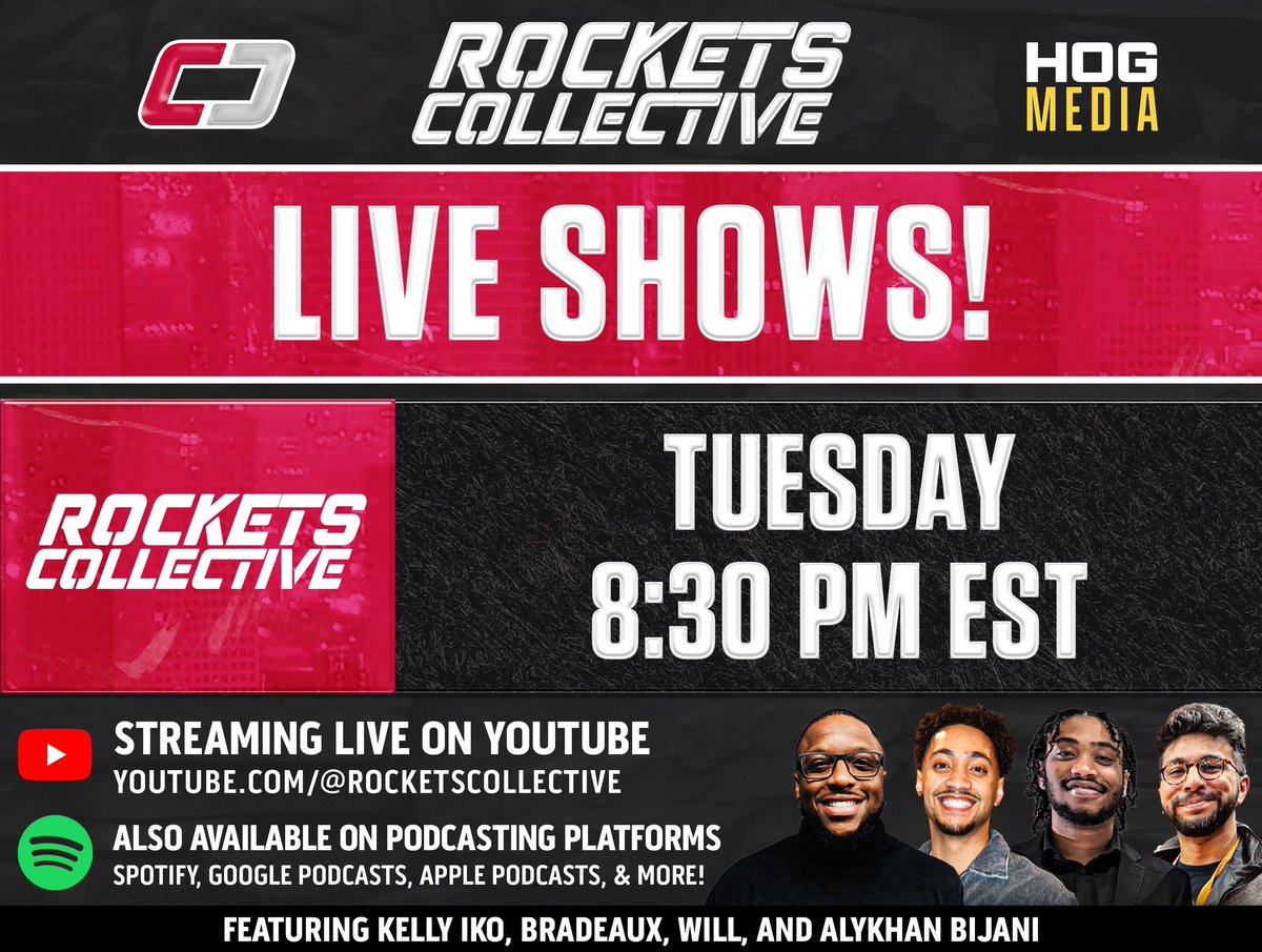 BradeauxNBA's tweet image. Announcement 🚨
Me, Kelly Iko, Alykhan, and Will are running a new Rockets podcast called Rockets Collective!
Our first episode will be next Tuesday at 8:30 PM EST 🚀
Subscribe and watch: youtube.com/channel/UCySr6…