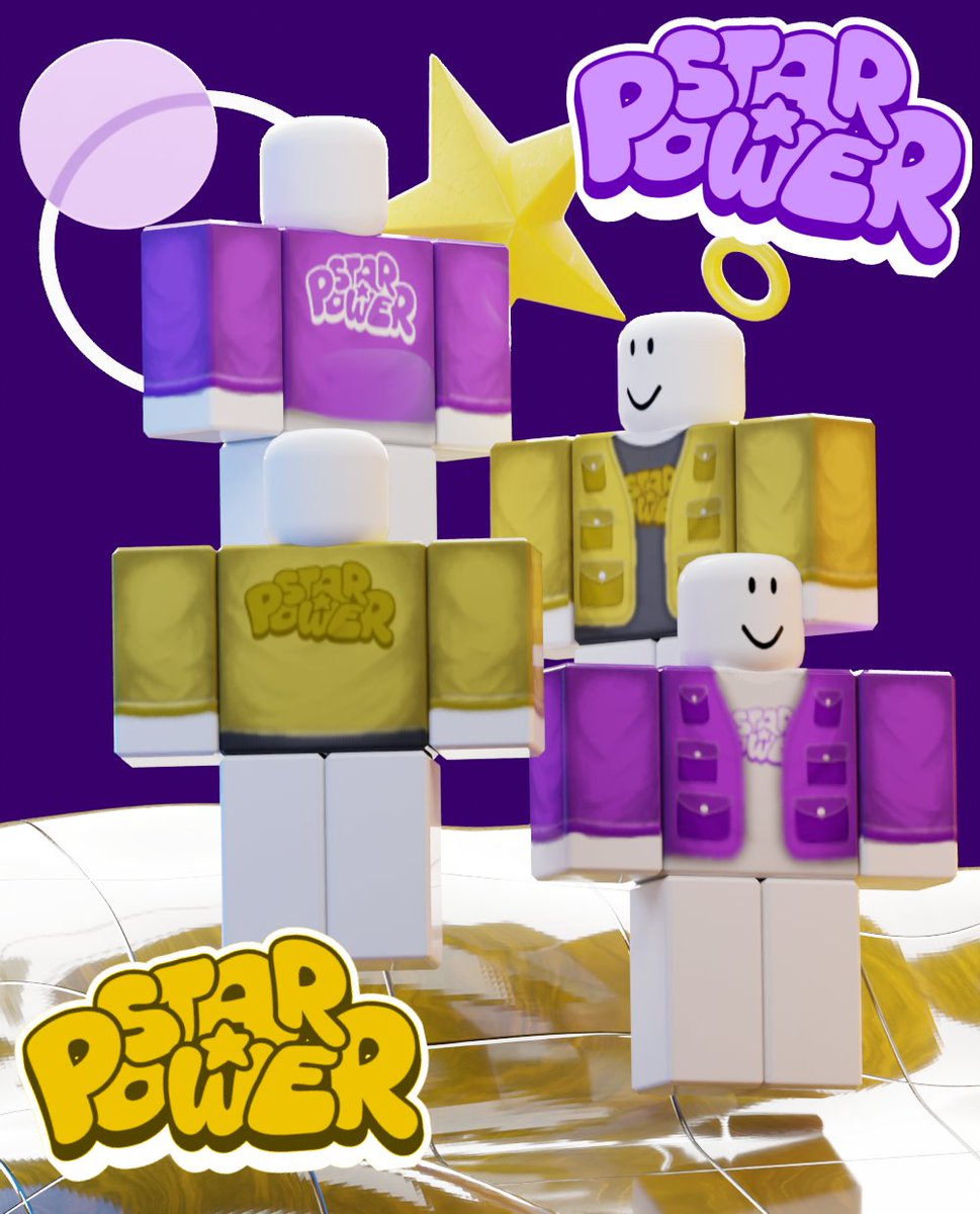 New clothing drop! Cop the purple &amp; yellow StarPower varsity vests #roblox #robloxart #RobloxDev #robloxugc roblox.com/communities/15…