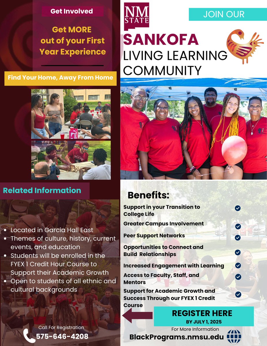 📣 Starting your first year at NMSU? You might want to check out the SANKOFA Living Learning Community — a space that encourages connection, cultural exploration, and academic support.
#SankofaNMSU #FirstYearExperience #LivingLearningCommunity #CollegeTransition #BlackProgramNMSU