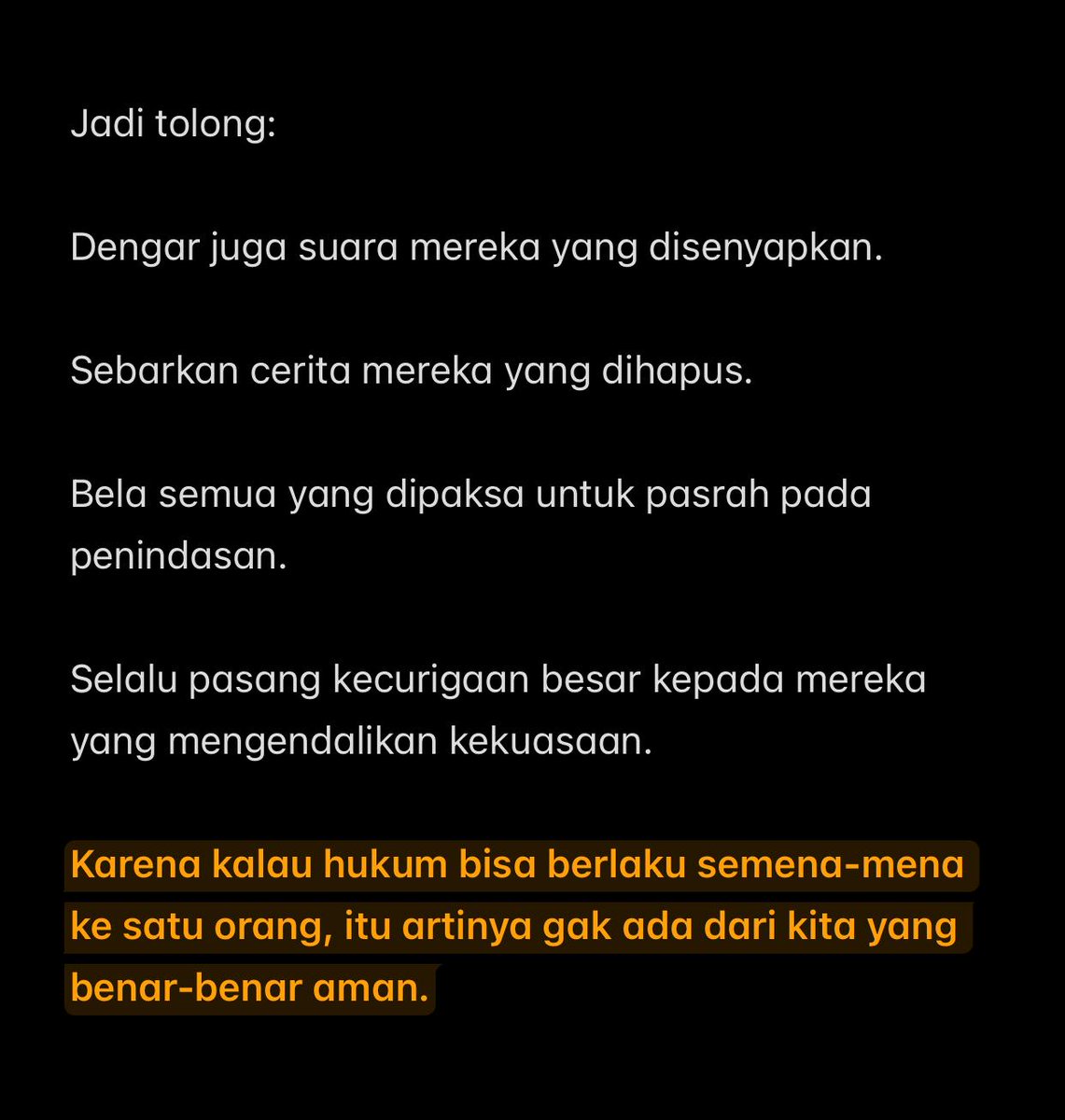Perjuangan kita masih panjang.

Apa yang gue, <a href="/secgron/">Teguh Aprianto</a>, dan <a href="/ChoYongGii/">Kevin WNI kok</a> alami adalah gambaran dari apa yang selama ini terjadi kepada sipil yang memperjuangkan hak-haknya.

Saling bantu jaga dan kawal.

Juga untuk semua korban kekerasan aparat di Jakarta, Bandung, dan Semarang ✊