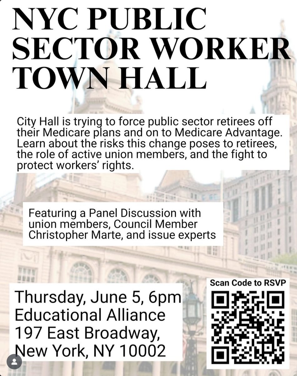Tomorrow: Council Member Christopher Marte is hosting an NYC Public Sector Worker Town Hall on Medicare DisAdvantage

Thurs, June 5, 6pm
Educational Alliance
197 East Broadway NYC

RSVP: docs.google.com/forms/d/e/1FAI…

No privatization of public healthcare
#PassNYHealth #MedicareForAll