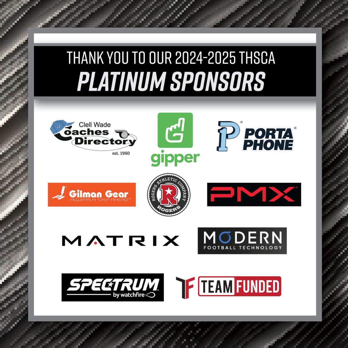 THSCA (@thscacoaches) on Twitter photo A round of applause for our 24-25 THSCA Platinum Sponsors! 👏 Thank you for all the resources you provide!
<a href="/ClellWade_Coach/">Clell Wade Coaches Directory, Inc.</a> • <a href="/gogipper/">Gipper</a> • <a href="/PortaPhone/">Porta Phone Co.</a> • <a href="/GilmanGear/">Gilman Gear</a> • <a href="/rogersathletic/">Rogers Athletic</a> • <a href="/PMXProMaxima/">PMX</a> • <a href="/modernFB/">Modern Football Technology</a> • <a href="/SpectrumSboards/">Spectrum Scoreboards</a> • <a href="/Team_Funded/">TeamFunded</a>
🔗: A round of applause for our 24-25 THSCA Platinum Sponsors! 👏 Thank you for all the resources you provide!
<a href="/ClellWade_Coach/">Clell Wade Coaches Directory, Inc.</a> • <a href="/gogipper/">Gipper</a> • <a href="/PortaPhone/">Porta Phone Co.</a> • <a href="/GilmanGear/">Gilman Gear</a> • <a href="/rogersathletic/">Rogers Athletic</a> • <a href="/PMXProMaxima/">PMX</a> • <a href="/modernFB/">Modern Football Technology</a> • <a href="/SpectrumSboards/">Spectrum Scoreboards</a> • <a href="/Team_Funded/">TeamFunded</a>
🔗: