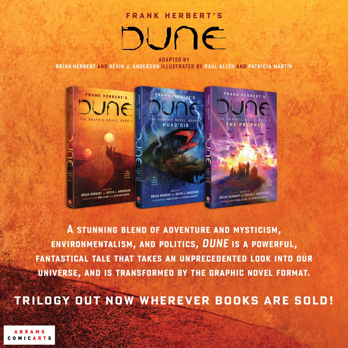 AbramsComicArts's tweet photo. Ready for your next sci-fi binge? Dive into epic graphic novel series from Abrams ComicArts: DUNE (adapted from the iconic sci-fi classic), LEVIATHAN, and PHENOMENA. Adventure, intrigue, and stunning storytelling await. #SciFiReads #GraphicNovels #AbramsComicArts #Dune https://t.co/PN8PLnVAok