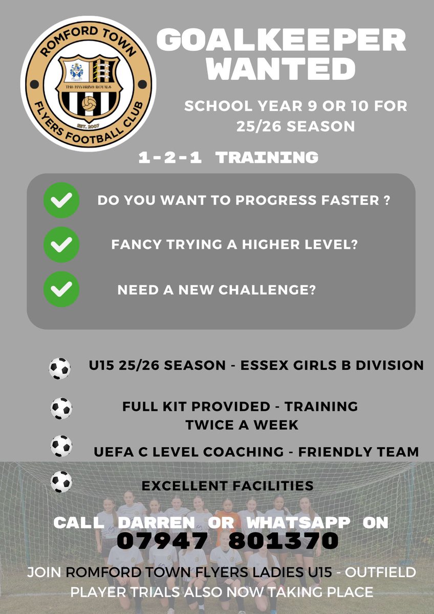 Our amazing group of girls are looking for a Goalkeeper for our new U15 2025/26 season at Romford Town.  Playing in the B division of the Essex County Girls League.  Friendly team and parents, dedicated coach and club. Please get in touch! 
#girlsfootball #u15 #u14 #squadboost