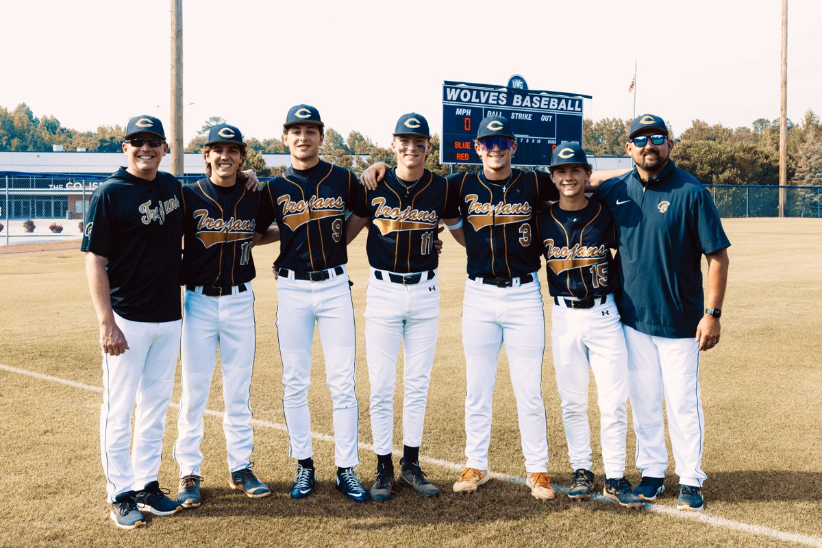 Last night, five members of the CHS varsity baseball team participated in the inaugural West Georgia All-Star Scrimmage! Pictured from left are coach Kurt Hitzeman, John Cobb, Dylan Bishop, Landon Eubanks, Evan Moody, Lane Bell, and head coach Trent Bianco. #GoldStandard