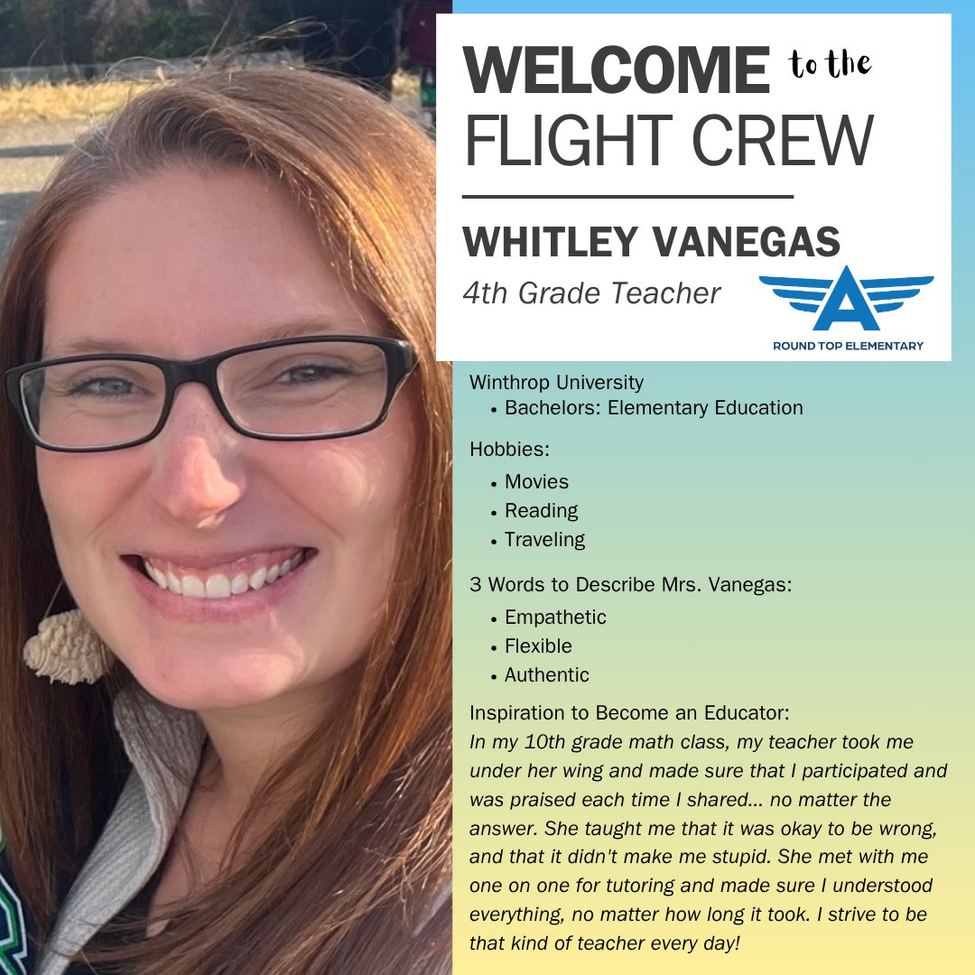 Round Top Elementary (@rteflightstatus) on Twitter photo We’re excited to welcome 4th grade teacher, Ms. Vanegas to the Flight Crew! #ECHOco ✈️ <a href="/RichlandTwo/">Richland School District Two</a> <a href="/winthropu/">Winthrop University</a> We’re excited to welcome 4th grade teacher, Ms. Vanegas to the Flight Crew! #ECHOco ✈️ <a href="/RichlandTwo/">Richland School District Two</a> <a href="/winthropu/">Winthrop University</a>