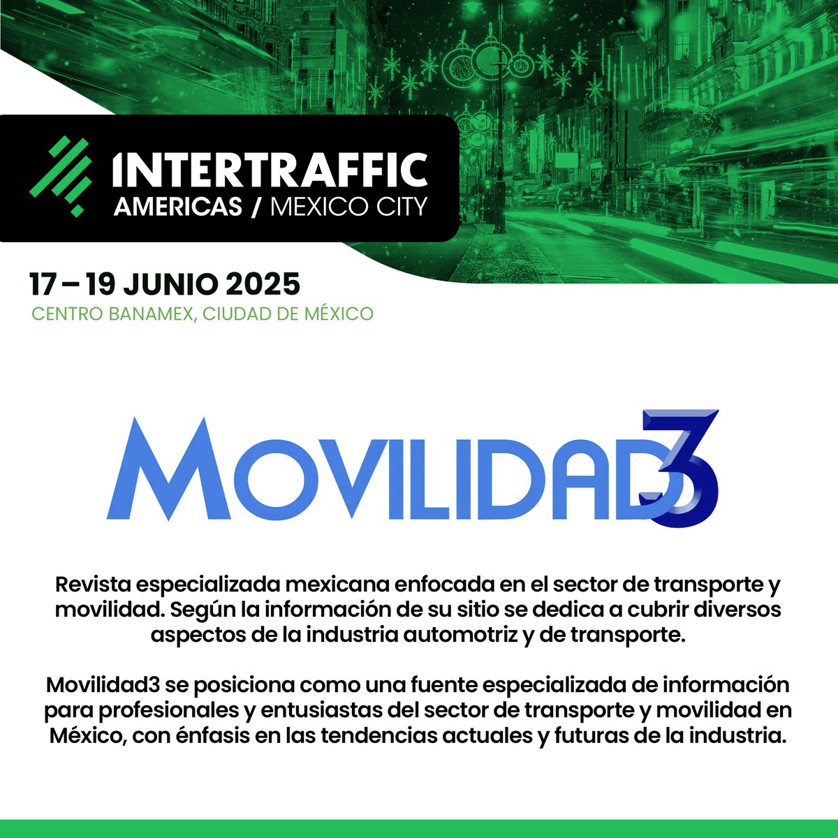 Intertraffic Americas (@intertraffic_mx) on Twitter photo Agradecemos la colaboración con <a href="/RMovilidad3/">Revista Movilidad3</a>, revista mexicana especializada en transporte y movilidad.
¡Conócelos en Intertraffic Americas!
📍 Centro Banamex | 17–19 junio 2025
Regístrate HOY, últimos lugares: bit.ly/4irgaOs Agradecemos la colaboración con <a href="/RMovilidad3/">Revista Movilidad3</a>, revista mexicana especializada en transporte y movilidad.
¡Conócelos en Intertraffic Americas!
📍 Centro Banamex | 17–19 junio 2025
Regístrate HOY, últimos lugares: bit.ly/4irgaOs