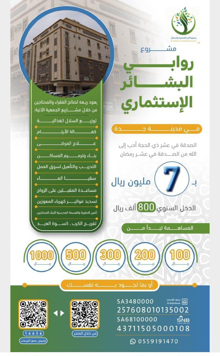 نضع بين أيديكم مشروع [ روابي البشائر الإستثماري ] الذي سيكون العائد منه رافداً لدعم ومساعدة الأسر الفقيرة والمحتاجة من خلال المشاريع
- مصرف الراجحي 
SA3480000
257608010135002

- بنك الاهلي
SA68100000
43711505000108

أو التبرع عن طريق 
*رابط متجر الجمعية* /
Store.berbshair.sa